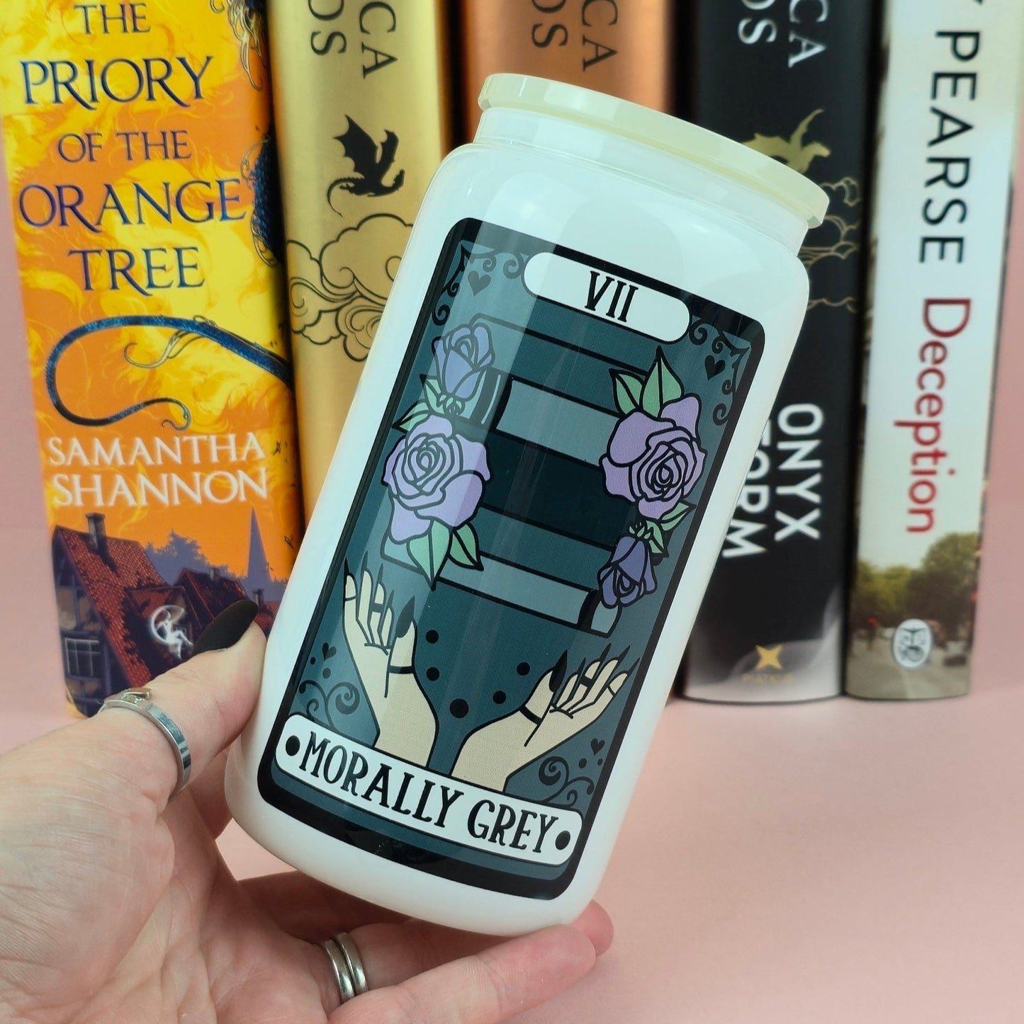 Glass Can - Morally Grey Tarot White Glass Tumbler - Bookish Gift - Reader