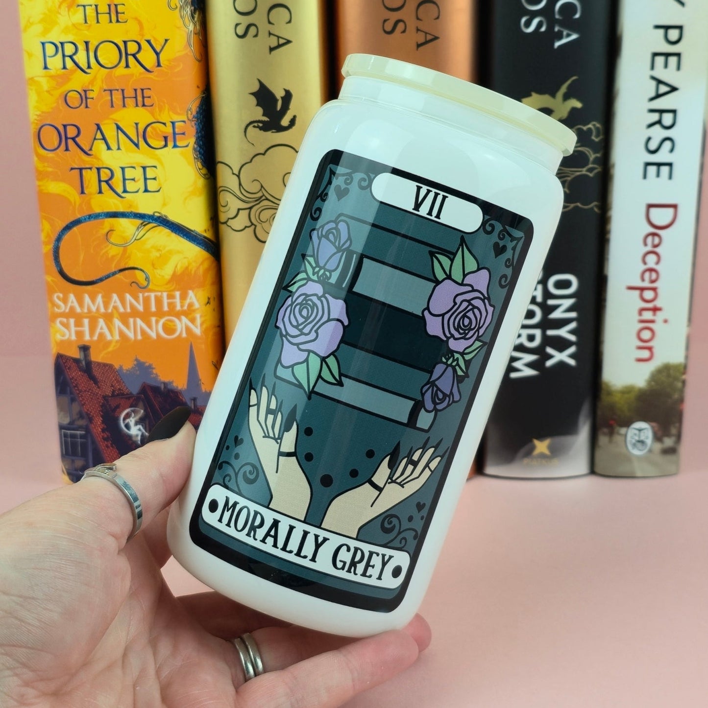 Glass Can - Morally Grey Tarot White Glass Tumbler - Bookish Gift - Reader