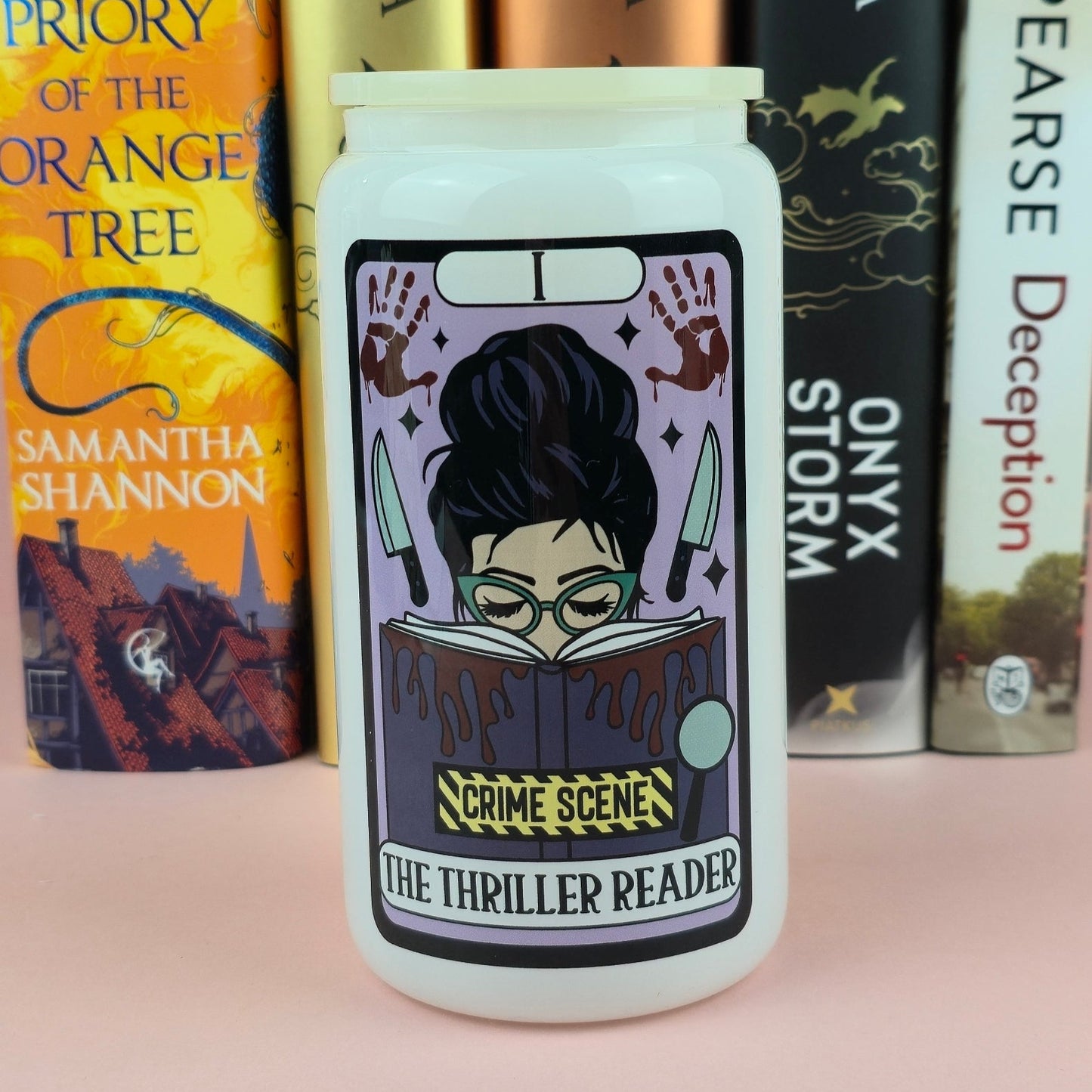 Glass Can - The Thriller Reader Tarot White Glass Tumbler - Bookish Gift - Reader