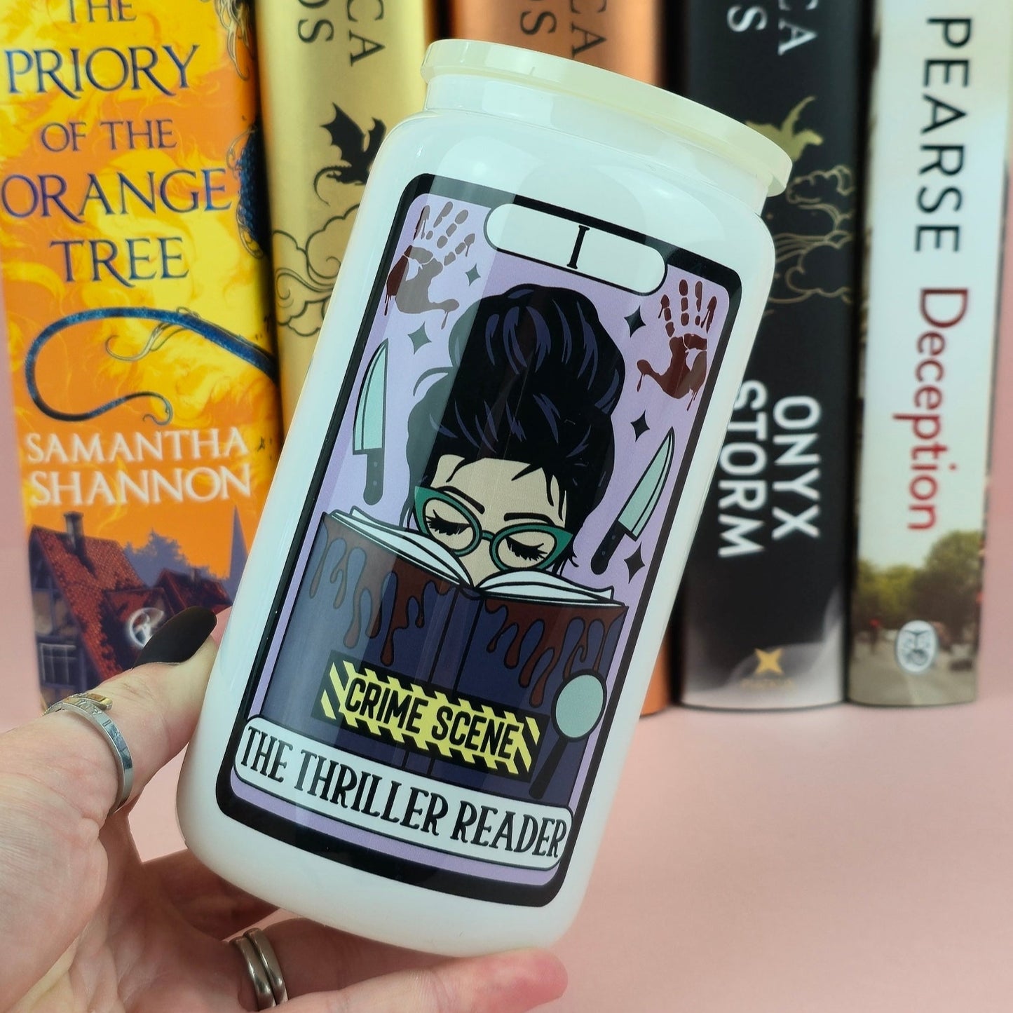 Glass Can - The Thriller Reader Tarot White Glass Tumbler - Bookish Gift - Reader