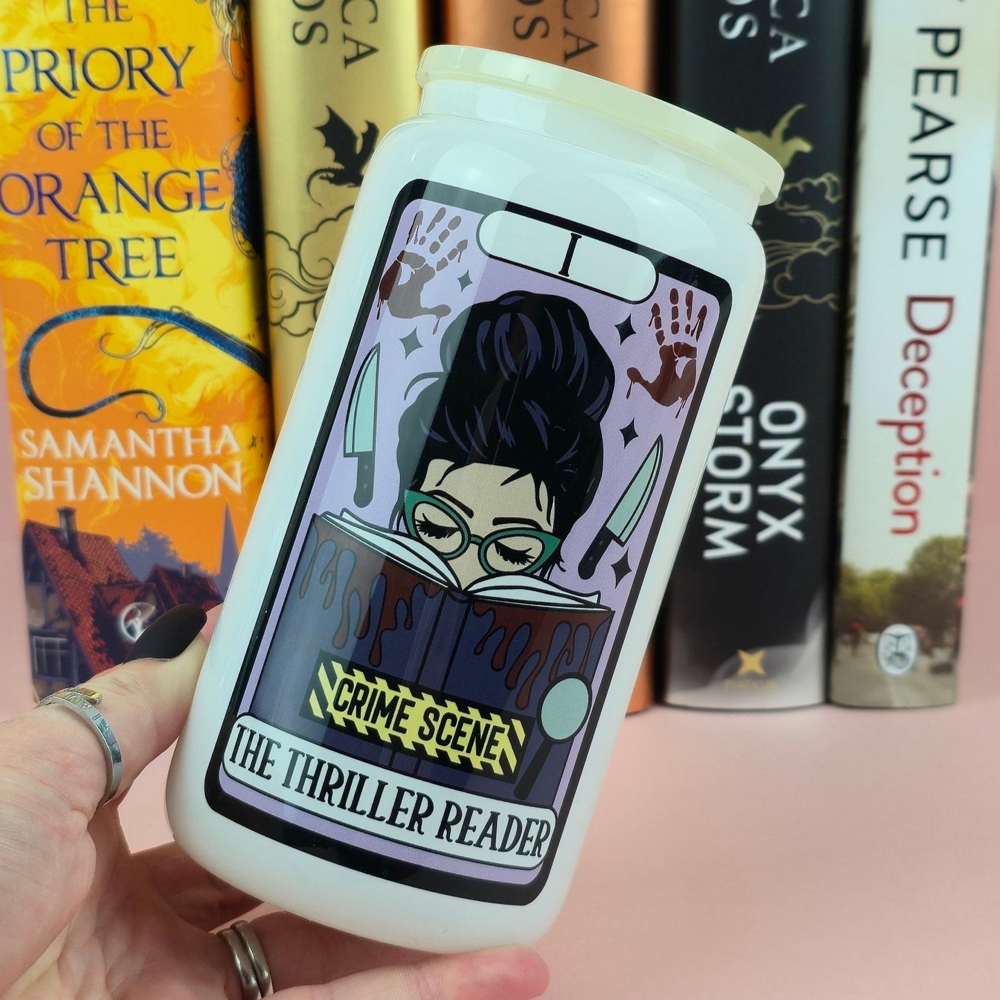 Glass Can - The Thriller Reader Tarot White Glass Tumbler - Bookish Gift - Reader