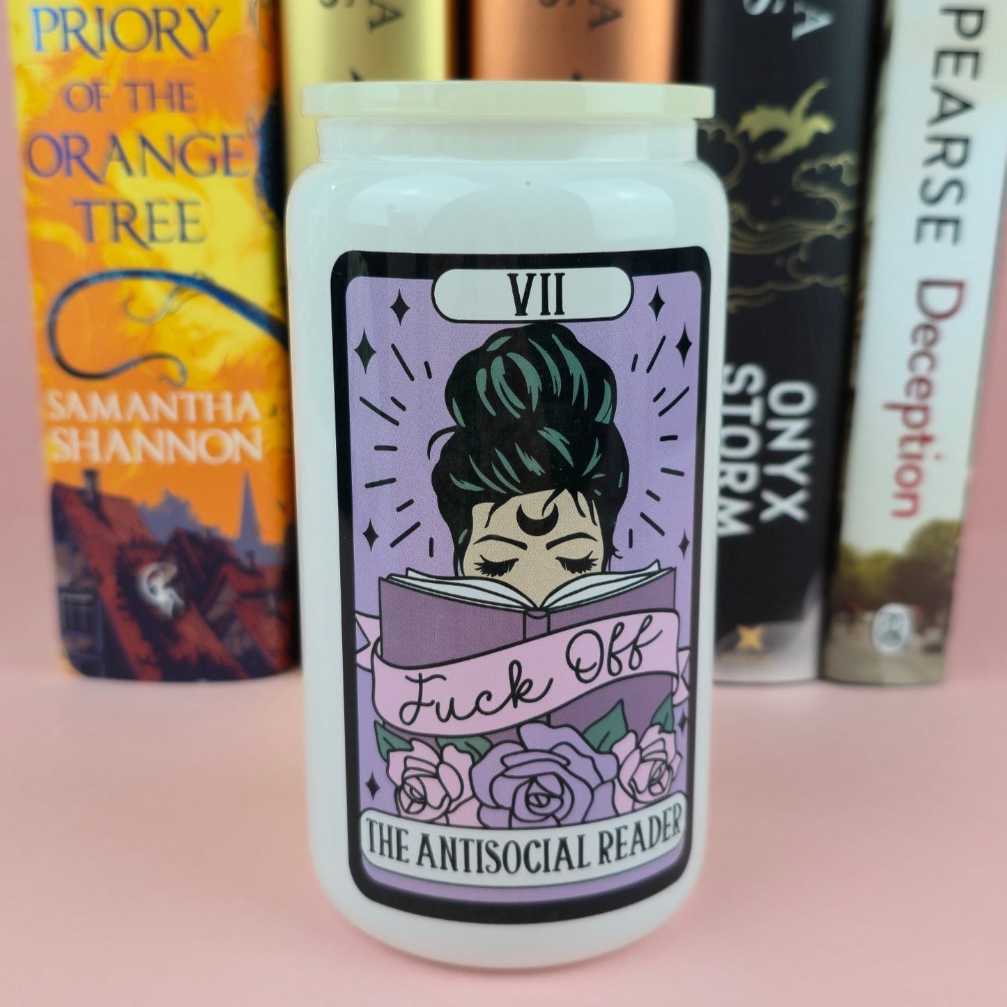 Glass Can - The Antisocial Reader Tarot White Glass Tumbler - Bookish Gift - Reader