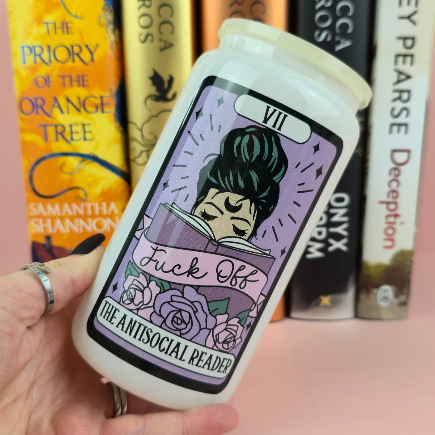 Glass Can - The Antisocial Reader Tarot White Glass Tumbler - Bookish Gift - Reader