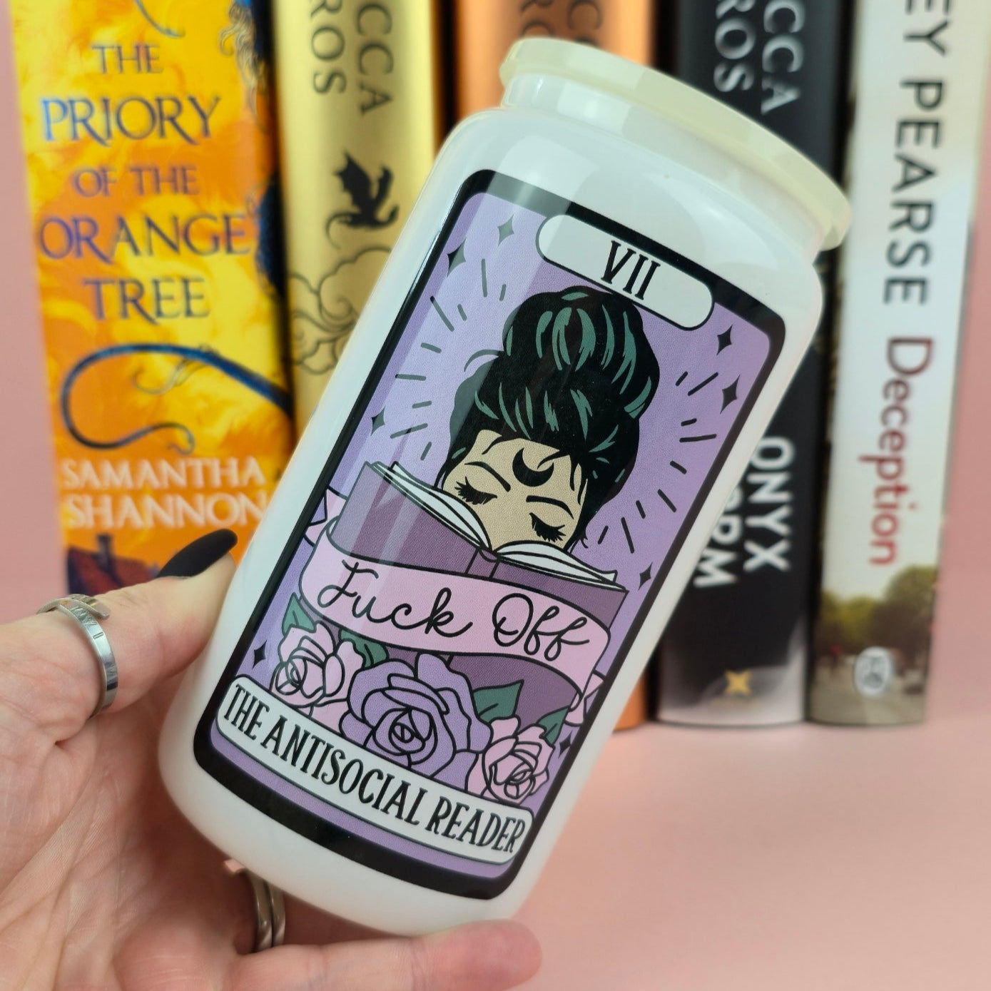 Glass Can - The Antisocial Reader Tarot White Glass Tumbler - Bookish Gift - Reader