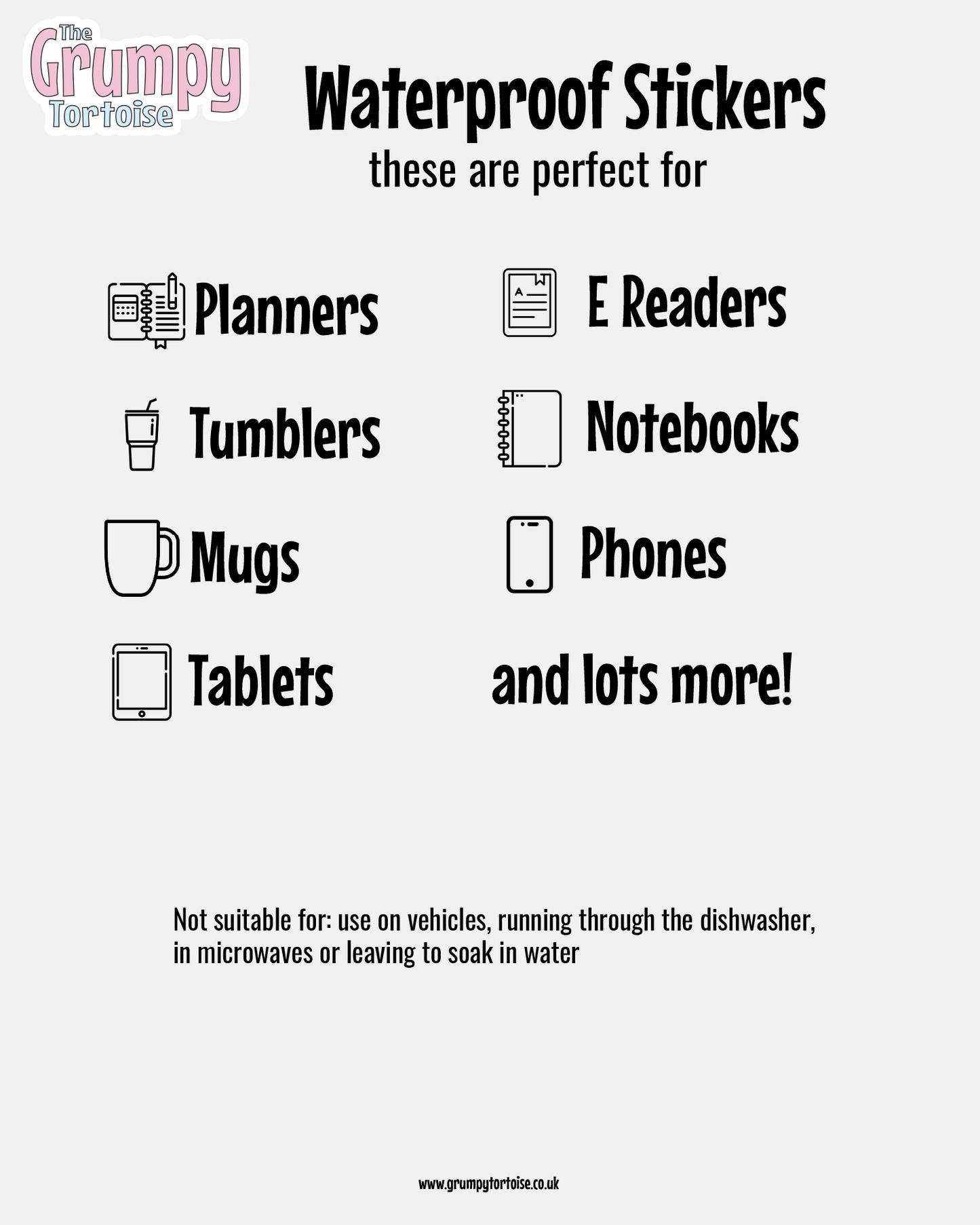 Graphic showing the uses for waterproof stickers; perfect for planners, tumblers, mugs, tablets, e readers, notebooks and phones
