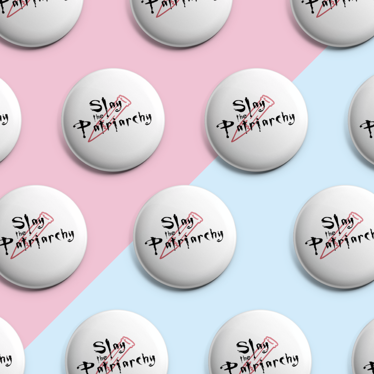 Slay the Patriarchy button badge with bold typography, a perfect feminist pin for jackets and bags.