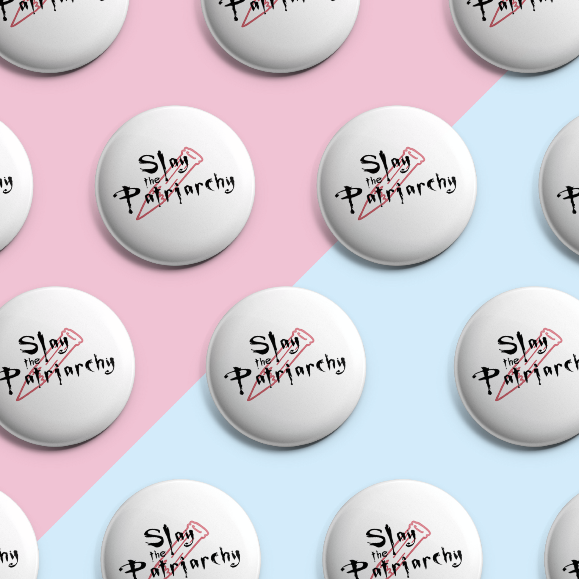 Slay the Patriarchy button badge with bold typography, a perfect feminist pin for jackets and bags.