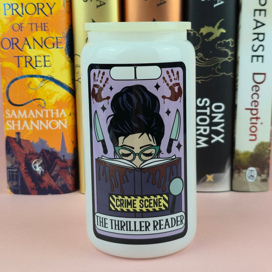 Glass Can - The Thriller Reader Tarot White Glass Tumbler  - Bookish Gift  - Reader