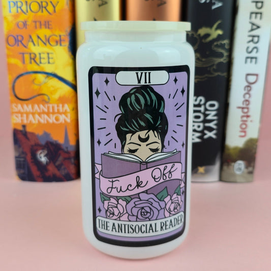 Glass Can - The Antisocial Reader Tarot White Glass Tumbler  - Bookish Gift  - Reader