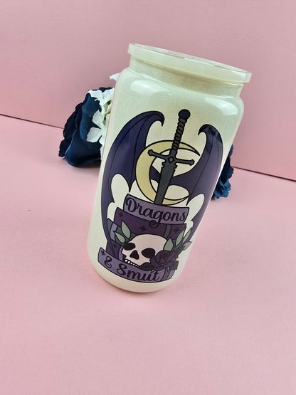 Glass Can - Dragons & Smut GLITTER Glass Tumbler  - Bookish Gift  - Reader