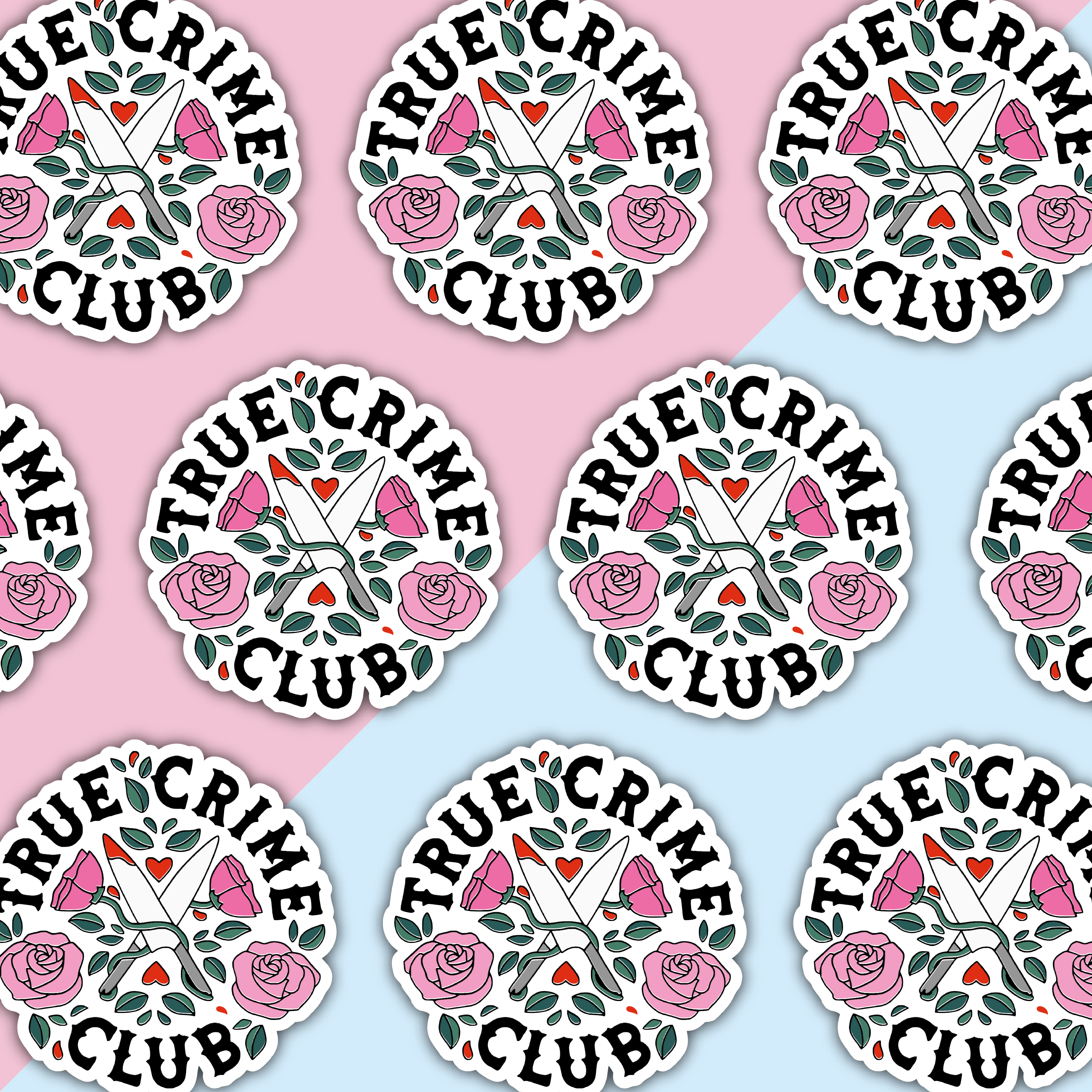 True Crime Club round die cut sticker with pink flowers and knives