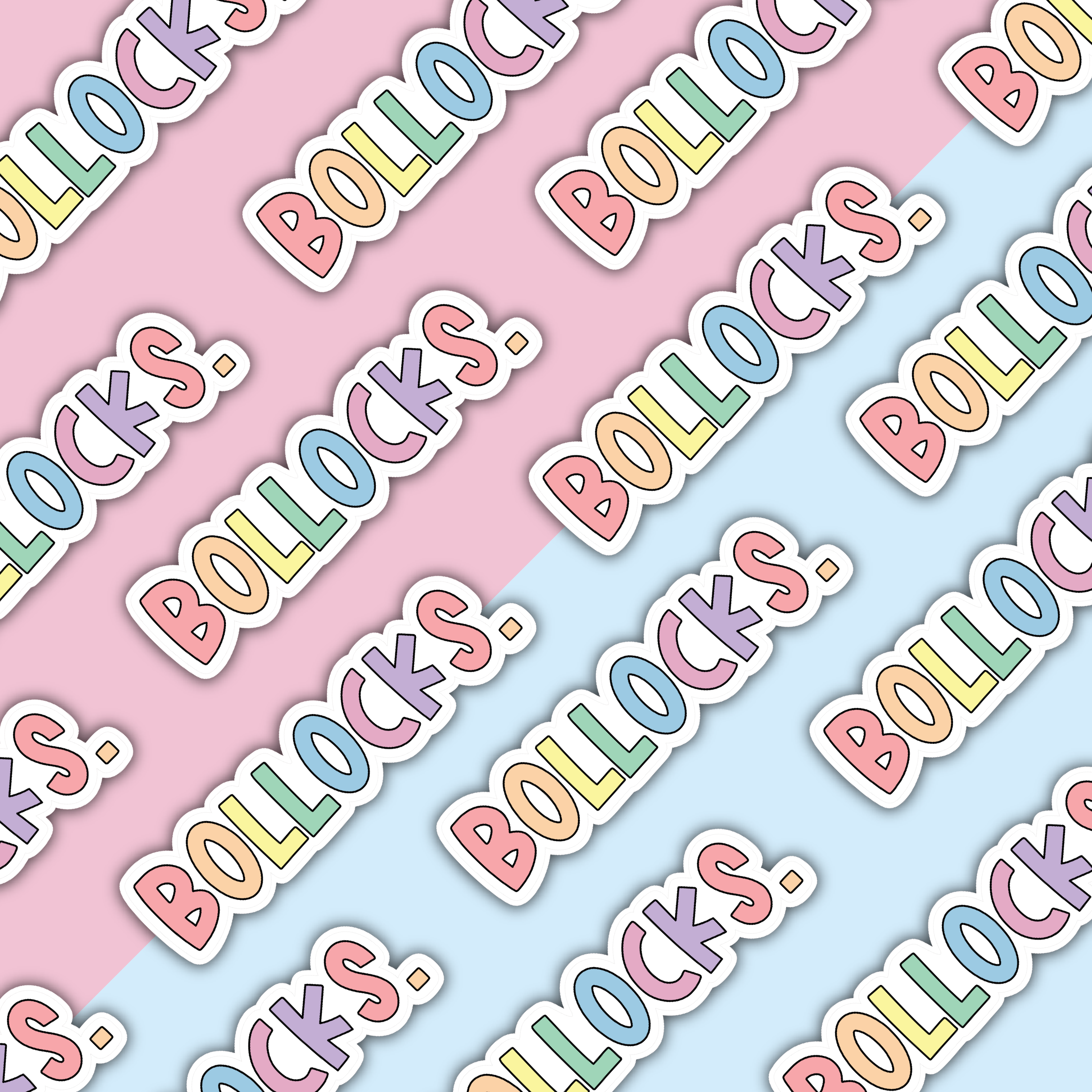 Bollocks die cut sticker in pastel rainbow colours