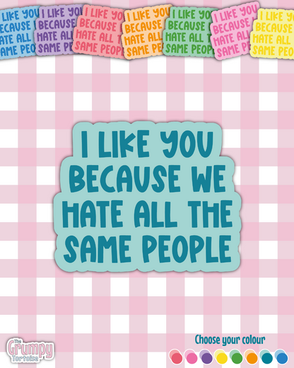 Waterproof Sticker - I like you because we hate all the same people Single Sticker - Sarcastic Sticker |-Funny Sticker - Sassy