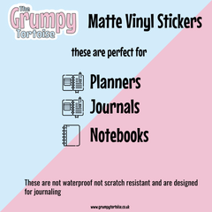 Graphic showing the uses for matte vinyl stickers; perfect for planners, journals, notebooks