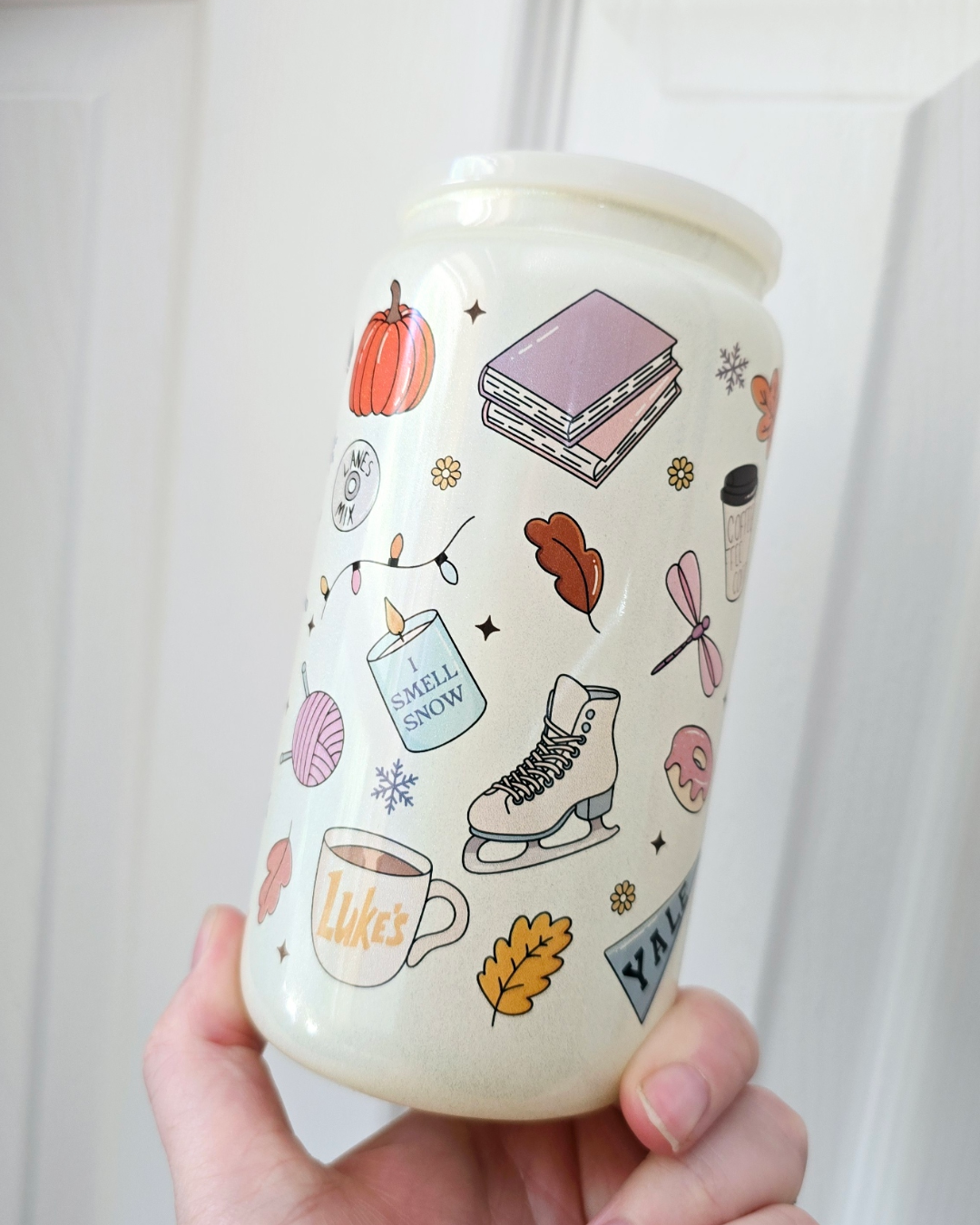 Gilmore Girls Pattern white glitter glass can