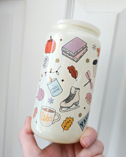 Gilmore Girls Pattern white glitter glass can