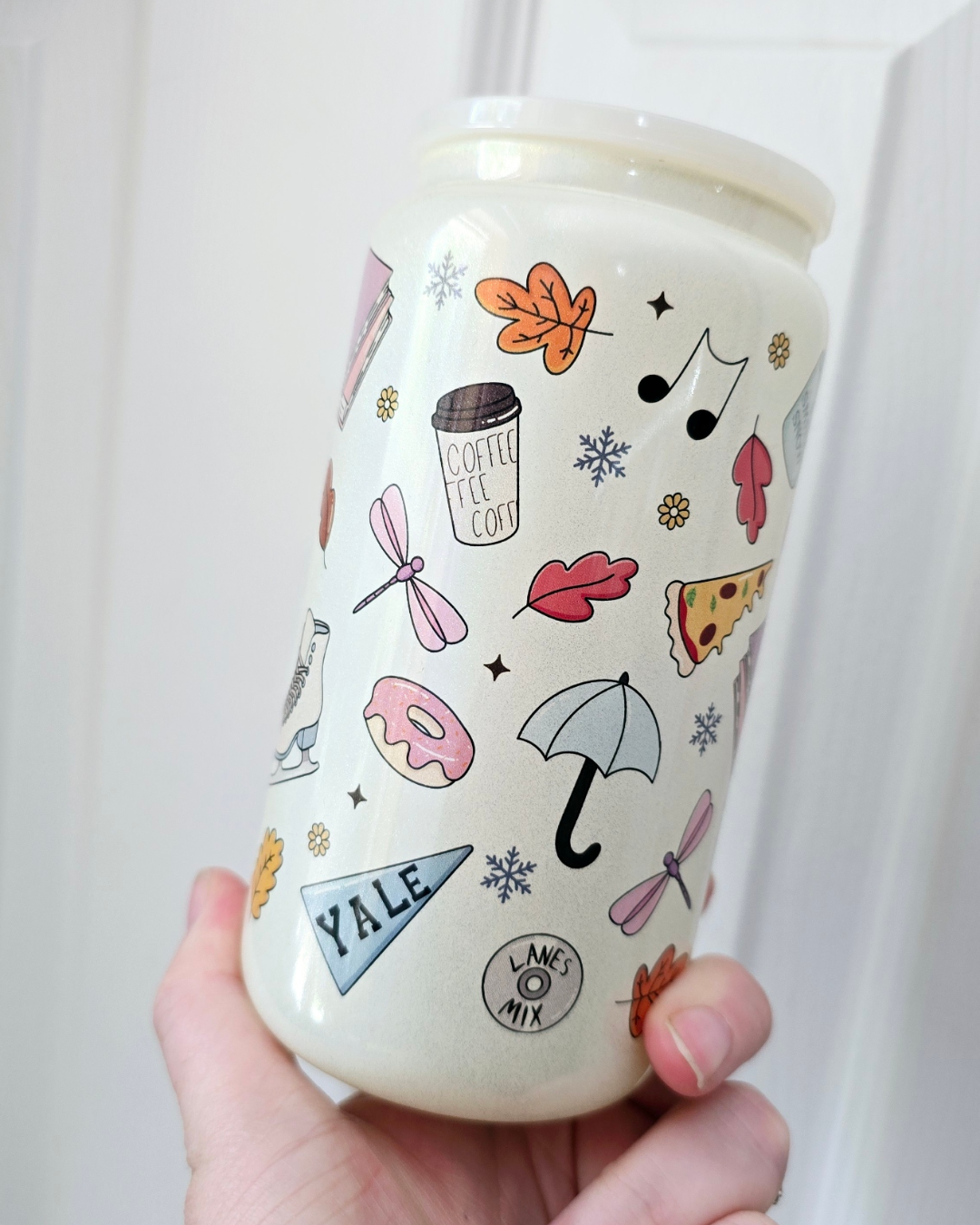 Gilmore Girls Pattern white glitter glass can