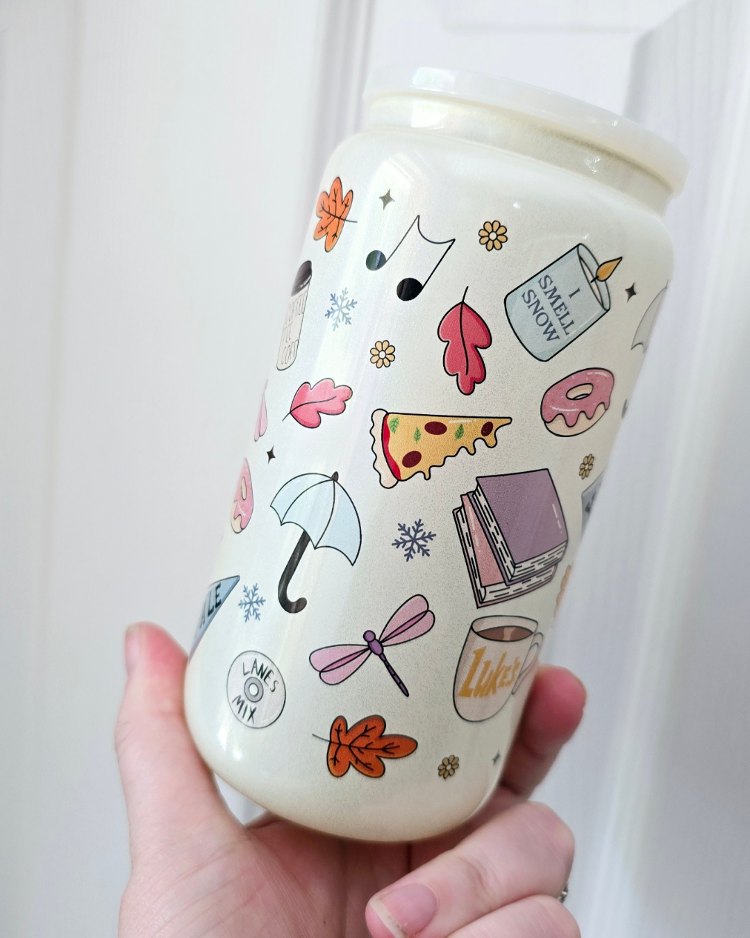 Gilmore Girls Pattern white glitter glass can