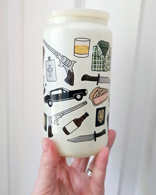 Supernatural Pattern white glitter glass can