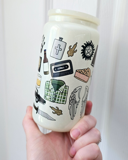 Supernatural Pattern white glitter glass can