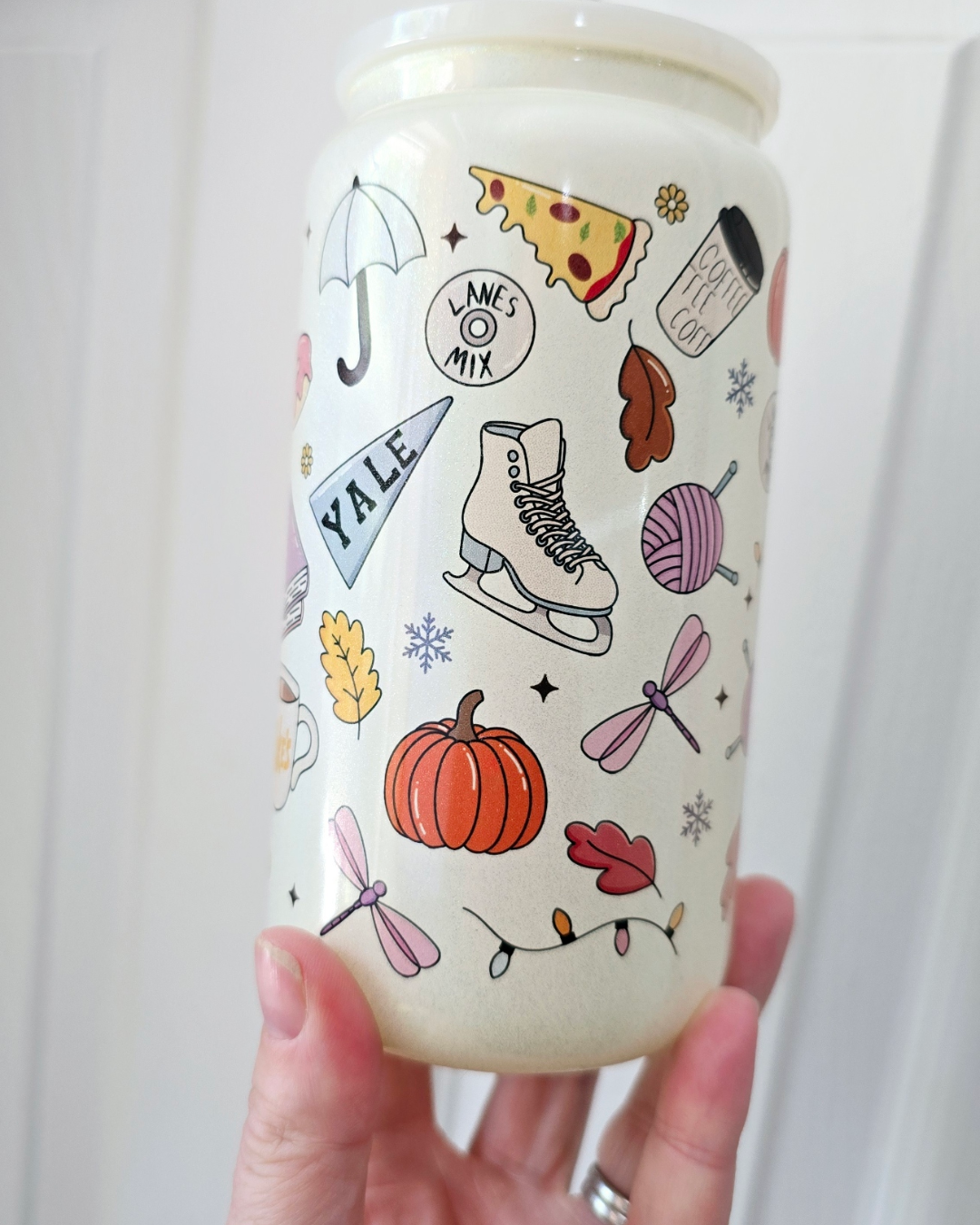 Gilmore Girls Pattern white glitter glass can