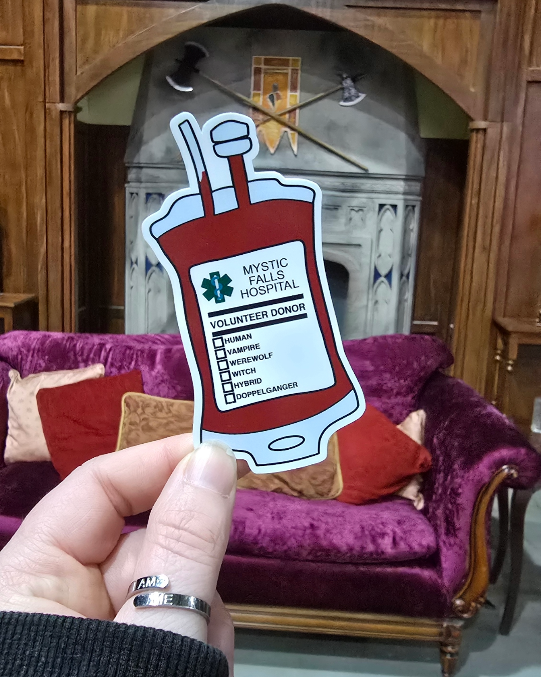 Mystic Falls Blood Bag Sticker – Waterproof Die-Cut Vinyl for TVD Fandom Fans - Hand drawn & Exclusive