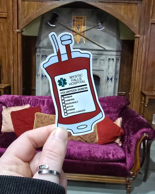 Mystic Falls Blood Bag Sticker – Waterproof Die-Cut Vinyl for TVD Fandom Fans - Hand drawn & Exclusive