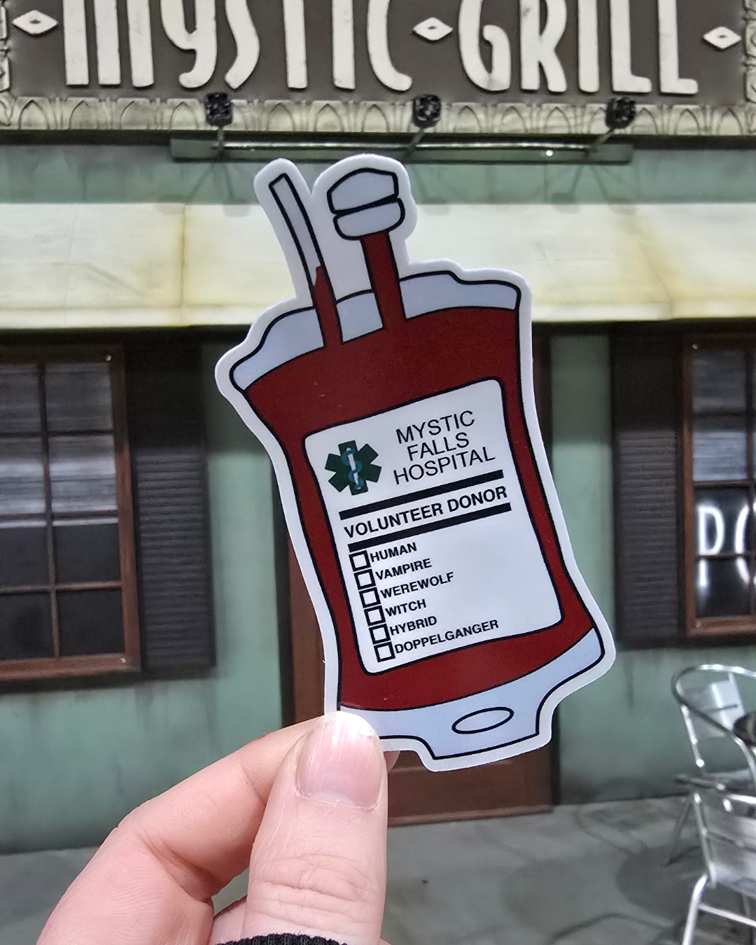 Mystic Falls Blood Bag Sticker – Waterproof Die-Cut Vinyl for TVD Fandom Fans - Hand drawn & Exclusive