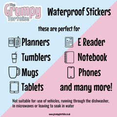 Graphic showing the uses for waterproof stickers; perfect for planners, tumblers, mugs, tablets, e readers, notebooks and phones